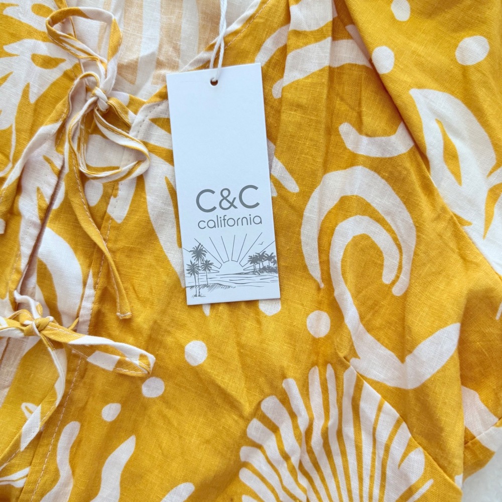 C&C California Linen Bld Tropical Tie Front Blouse Puff Sleeve Yellow Small NWT - Picture 8 of 11